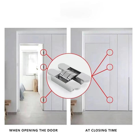 Concealed Hidden Door Hinge For Furniture And Folding Doors With Screws, 3D Adjustable Invisible Hinge For Wooden Doors, Outside Opening, Secret Door Hardware In Sand Silver Finish, Quiet Smooth Operation shown installed on a wooden door with open and closed views.
