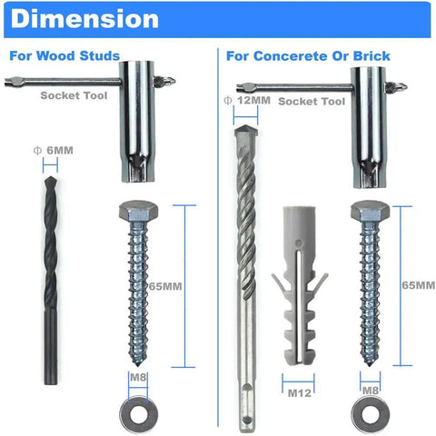 Drywall Anchors And TV Wall Mount Kit With M8 Lag Bolts And Washers, Concrete Wall Anchors, Bubble Level, Socket Tool, And Two Drill Bits For Precise Installation In Wood Or Concrete, showing tools and dimensions for wood and concrete use