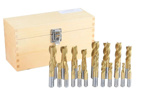 Pro Grade TiN Coated HSS End Mill Set 20 Piece Inch Sizes Three Sixteenths to Three Quarters Includes Two Flute and Four Flute Cutters