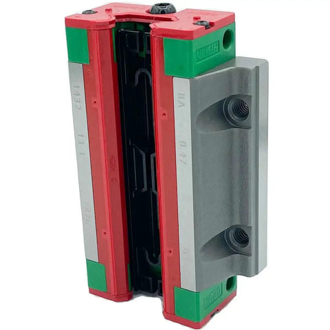 Side view of HGW20HC Linear Guideway Heavy Duty Ultra Smooth Motion with top or bottom mount W flange block, shown in red and green.