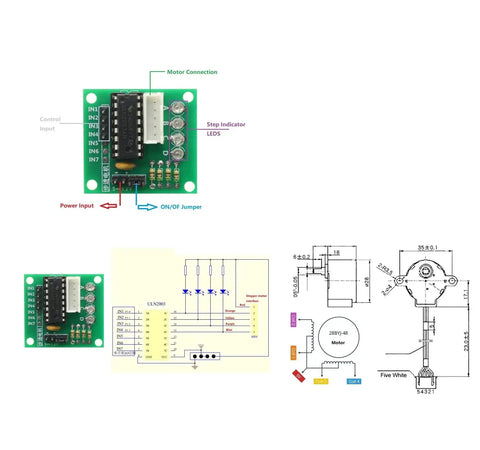 Diagram of Two Pack 5V 4-Phase 28BYJ-48 DC Stepper Motor with ULN2003 Driver Board for Arduino Raspberry Pi PIC MCU DIY Projects.