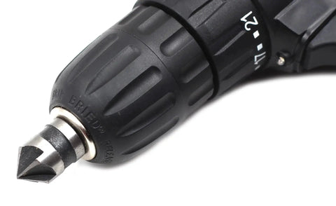 Close-up of drill with Five Piece Countersink Drill Bit Set For Wood Metal Plastic With 82 Degree Chamfer Pro Grade 5 Flute Deburring Bits