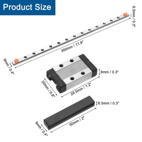 300mm Linear Guide Rail With MGN9C Carriage Block And Mini MGN12 Guide, dimensions labeled for DIY 3D printers and CNC machines.