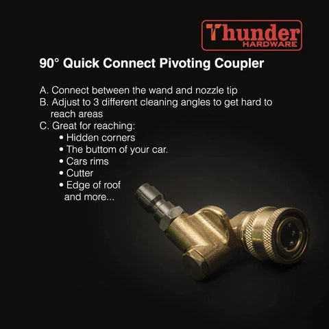 Pivoting Quick Connect Coupler for Pressure Washers, brass, stainless steel, 120° swivel, 1/4 inch plug, corrosion resistant.