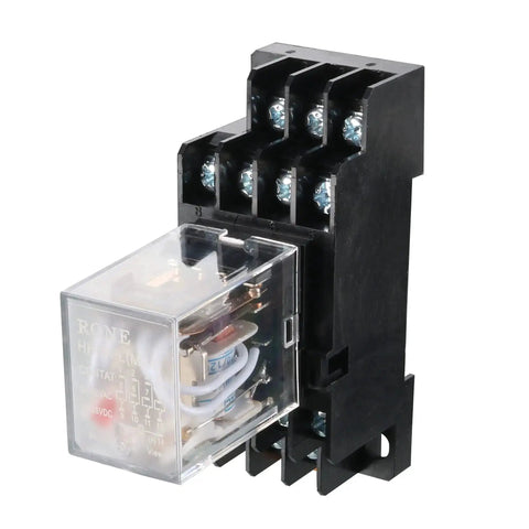 Six Pack AC 110V And 120V 4PDT DIN Rail Power Relay With Socket Set, 14 Terminals, 35mm Mount, Red Indicator, Plastic Shell shown
