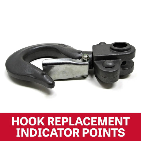 Hook replacement indicator points accessory for hand chain hoist, gray metal hook with latch and mounting block