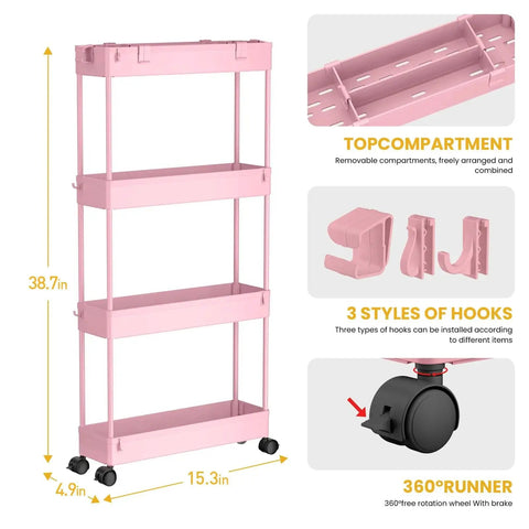 Four Tier Slim Storage Cart With Rolling Wheels For Narrow Gaps And Tight Spaces 38.7 Inch Tall, pink with hooks and removable compartments.