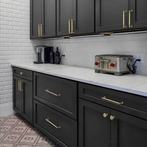 10 Pack Champagne Bronze Cabinet Pulls For Kitchen Cabinets And Drawers, 5 Inch Hole Center, installed on black cabinets