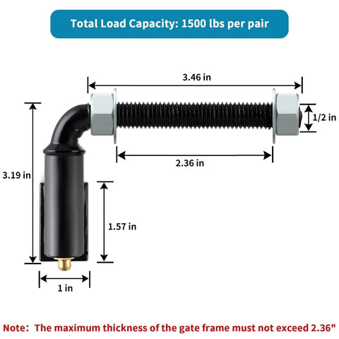Heavy Duty J Bolt Gate Hinge For Welding Iron And Steel Gates With A Half Inch Bolt Adjustable Barrel, Rugged And Weather Resistant Black Powder Coat Finish, 1500 Pound Load Capacity, Rust Proof And Corrosion Resistant, 1 Pair For Outdoor Gate Mounting.