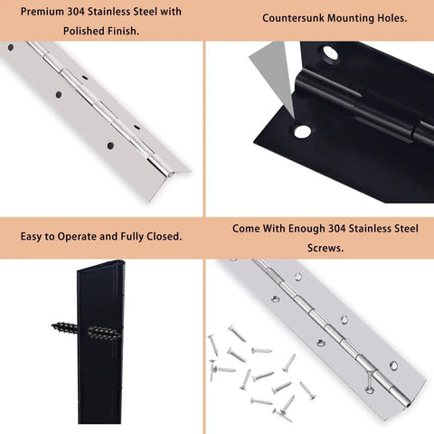 Stainless Steel 16 Inch Piano Hinges Heavy Duty With 0.04 Inch Leaf 0.5 Inch Knuckle showing polished finish and screws