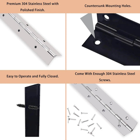 48 Inch 304 Stainless Steel Piano Hinge With Holes Heavy Duty Continuous Hinge 0.04 Inch Leaf Thickness Includes Screws