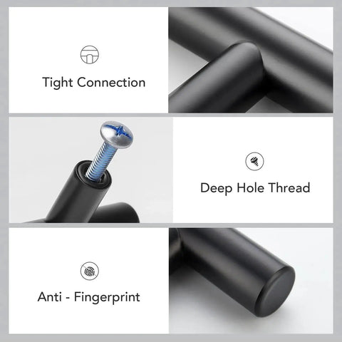 Close-up of 10 Pack Matte Black Cabinet Handles 4 Inch Center To Center, 6-3/8 Inch Overall Length, focusing on tight connection, deep hole thread, and anti-fingerprint features.
