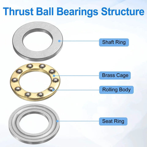 Thrust ball bearing structure showing shaft ring, brass cage, and seat ring for Miniature Thrust Ball Bearing Set 8mm Bore 14mm Outer 4mm Width With Washers Chrome Steel Single Direction For Conveyor Systems And Machine Tools High Wear Resistance And Temperature Tolerance Great For DIY Builds By Uxcell