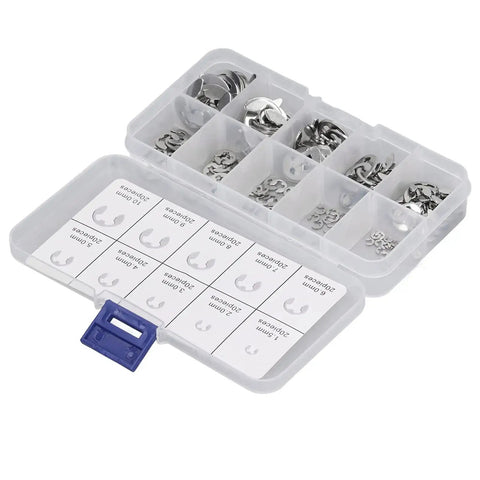 200Pcs E Clip Retaining Ring Kit With Storage Box In High Carbon Steel For Bearings Gears Pulleys Shafts And More A Go To Set