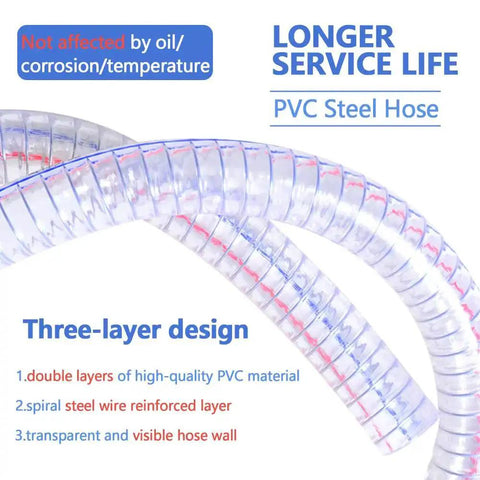 Beefy Ten Foot Steel Wire Reinforced PVC Vacuum Hose With One And Quarter Inch Inner Diameter And One And Half Inch Outer Diameter, UV Safe Vinyl Suction Tubing For Drain And Transfer, three-layer design showcasing transparency and durability.