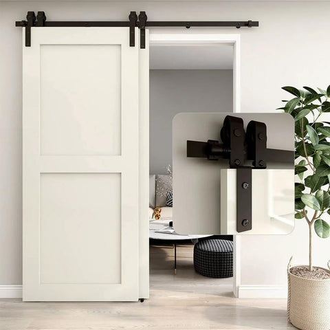 Sliding Barn Door Hardware Kit For Double Wooden Doors, 6FT Single Track System installed, carbon steel, J shape hangers