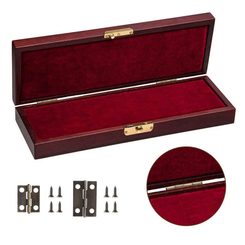 Open red velvet-lined box showing Small Hinges For Wooden Boxes And Cabinets, 30Pcs Brass Bronze Polished 180 Degree Butt Hinges With Screws, Hariendny.