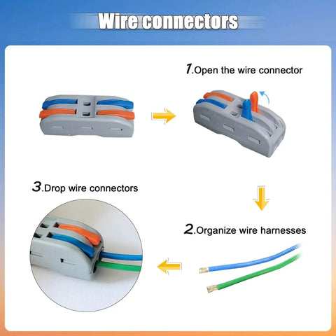 Instructional diagram showing steps to use wire connectors for cable organization, including opening and securing wires.