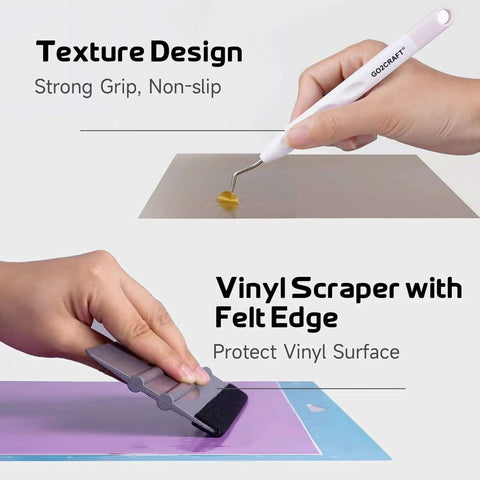 Close-up of tools from Ultimate All In One Craft Kit Bundle With Vinyl, Glitter Heat Transfer Vinyl, Weeding Tools, Transfer Tape, Stencil Sheets, Sticker Paper, And 90 Piece Starter Accessories For DIY Projects And Vinyl Craft Lovers Get Your Craft On