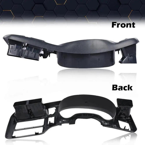 Front and back view of Dash Bezel Replacement For 1998-2004 Blazer Jimmy S10 Bravada Single Din Radio, black plastic.
