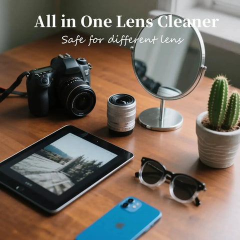Two Pack Travel Eyeglasses Cleaner Spray Kit With Microfiber Cloths For Screens on a table with camera and mirror.