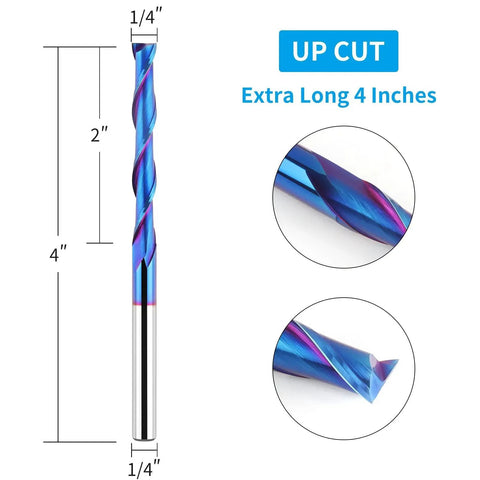 Extra Long 4 Inch Upcut Spiral Router Bit With One Quarter Inch Shank And One Quarter Inch Cutting Diameter Solid Carbide Blue Nano Naco Coating For CNC Wood Cutting Trimming And Carving with measurements and close-up view