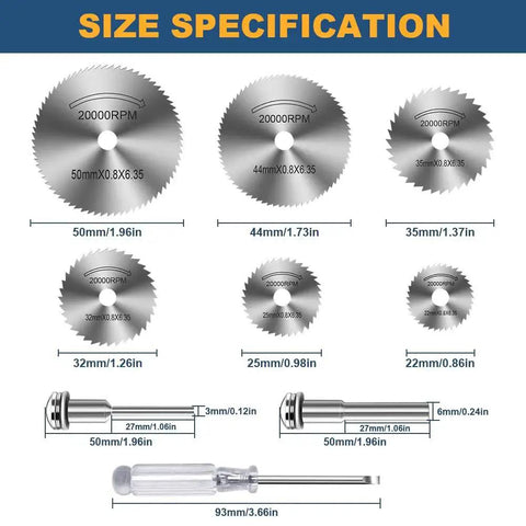 Versatile Drill Saw Blades Kit For Rotary Tools With Six HSS Disc Blades And Two One Eighth Inch Shanks Plus One Quarter Inch Shank For Wood Plastic Aluminum Cutting Includes Screwdriver For Dremel And Other DIY Tools shown with size specifications.