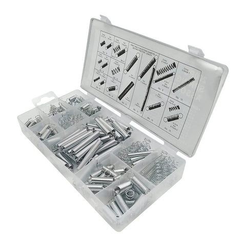 200-piece spring assortment kit: zinc-plated steel compression and extension springs in a clear plastic case, 20 sizes