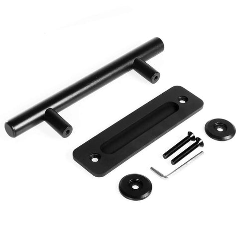 12 Inch Sliding Barn Door Handle Pull With Flush Back Plate, Matte Black Powder Coated Finish, screws and hex key shown