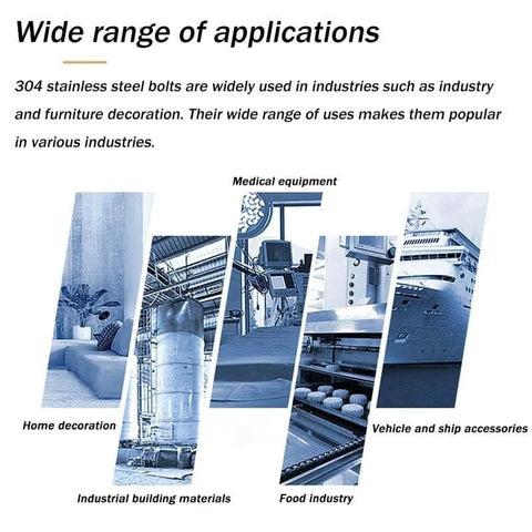 Applications of 304 stainless steel bolts in home decor, industrial materials, medical equipment, food industry, and vehicles.