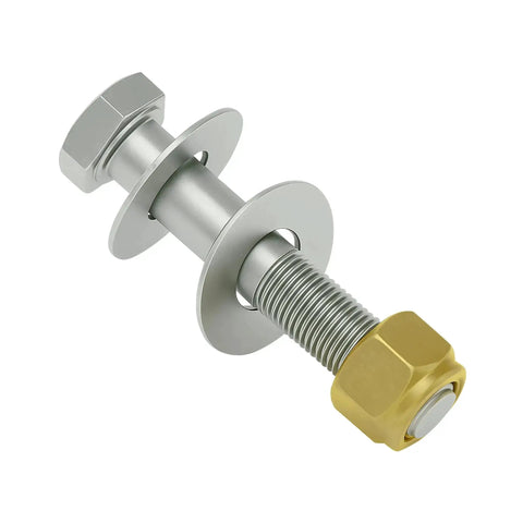 Close-up of Heavy Duty Marine Jack Plate Bolt Kit with one half inch by two and three quarters inch fine thread bolts and lock nuts.
