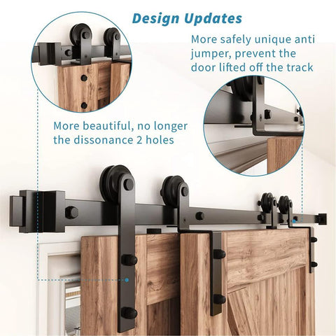 9 Ft Single Track Bypass Sliding Barn Door Hardware Kit For Double Doors With Flat Track Roller And Low Ceiling Space Saver shown installed