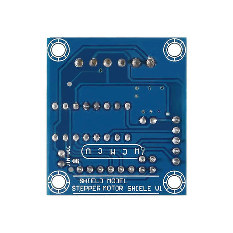 Back view of Arduino Friendly Mini Stepper Motor Shield with L293D Driver showing soldered circuit paths and connector points, V1 model.