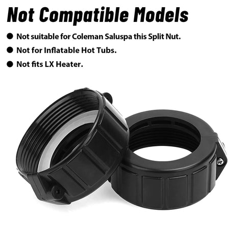 Two black spa heater split-nut unions with gasket, 2-pack for 2-inch Balboa Gecko heater assemblies