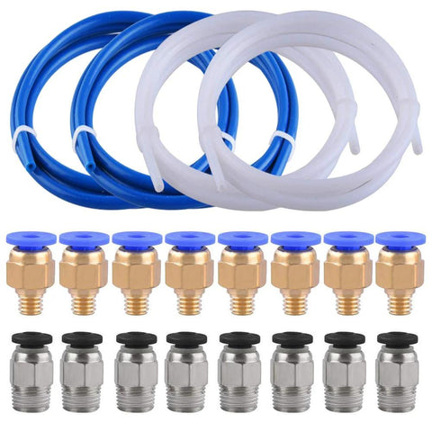 PTFE tubing and PC4 push-fit kit for 3D printers; blue & white 4x PTFE tubes with 8x M6 and 8x M10 fittings, Amazon.