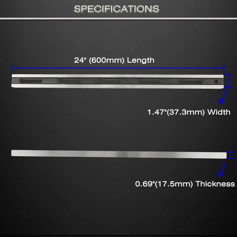 24 Inch Machinist Precision Steel Straight Edge Tool With Feeler Gauges For Checking Cylinder Heads And Engine Blocks Pro Grade, shown with dimensions.