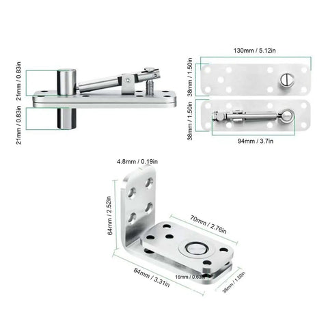 Dimensions and components of Beefy Heavy Duty Hidden Door Hardware for Wood Secret Door Bookcase with 600 Pound Load and 180 Degree Rotation.
