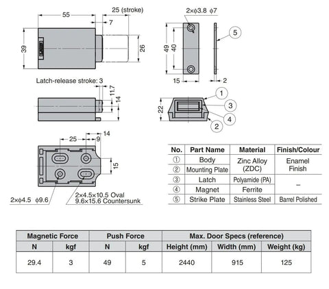 Technical diagram and specifications of Metal Magnetic Latch For Large Doors High Strength Body 100000 Cycle Test UL94V0