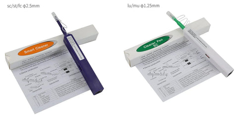 Two fiber optic cleaning pens: purple 2.5mm SC/FC/ST and green 1.25mm LC/MU with instruction sheet.