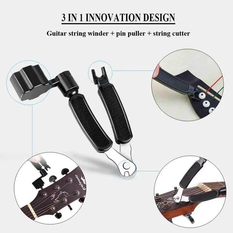 Guitar String Winder Cutter And Pin Puller 3 In 1 Must Have Multifunctional Maintenance Tool For Guitars showcasing string winder, cutter, and pin puller in use