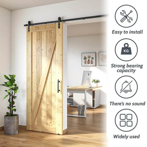 Lite Version Black 6.6 Foot Barn Door Hardware Kit With Sliding Track System installed on a wooden door in a modern home office