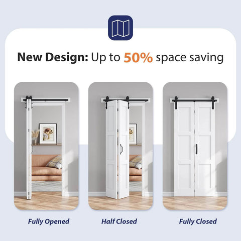 Double 16x84 White Bifold Barn Door Set With 36 Inch Hardware Track Kit Included in various open positions
