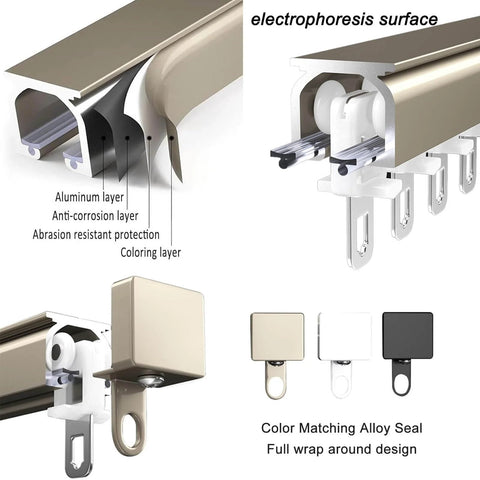 Heavy duty ceiling or wall mounted curtain track kit with silent rollers delivers smooth, whisper-quiet sliding for room dividers and curtains, weatherproof and rustproof aluminum construction for indoor and outdoor use, close-up of track components and color options.