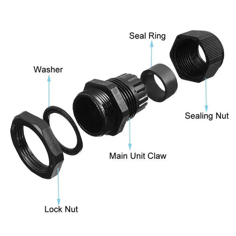 Exploded view of 40 Pieces Premium Nylon PG7 Cable Glands Adjustable 3 To 6.5mm IP68 Weatherproof Gland Joints With Gaskets Kit components.