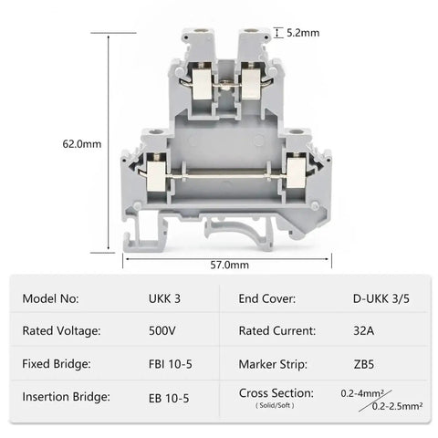 Front view of DIN Rail Terminal Block 10 Pack Double Deck Screw Clamp With Adjustable Pressure Spring Loaded Brass Contacts For 24 To 12 AWG Wire Pro Grade Industrial Electrical Terminal Kit with dimensions and specifications.