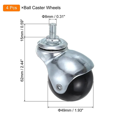 2 Inch Ball Caster Wheels, 4 Pack With Threaded Stem, 360 Degree Swivel Furniture Casters For Easy Mobility, 49mm Wheel Diameter