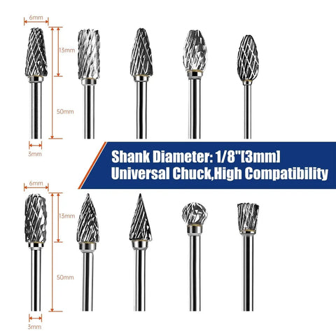 Ten Piece Carbide Burr Bits Set For Dremel Rotary Tools 1 Eight Inch Shank Double Cut Design Die Grinder Bits for precision work