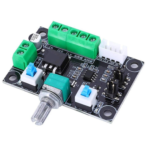 Stepper motor controller board for MKS OSC with green screw-terminal blocks and blue potentiometer