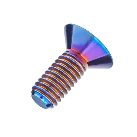 Front view of Titanium Torx Countersunk Flat Head Bolt in Burnt Blue Finish. Grade 5 6Al4V for bikes, drones, RC cars, and electronics.