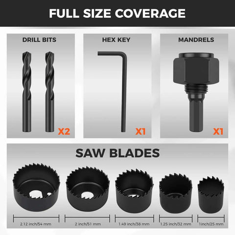 Image of the 8 Piece Hole Saw Kit With Sizes 1 To 2 1/8 Inches For Soft Wood Plywood And PVC, Includes 2 Drill Bits, Mandrel And Hex Key, Smooth Cut For DIY Projects, Durable Carbon Steel Construction HORUSDY, showing thin black saw blades, drill bits, hex key, and mandrel.